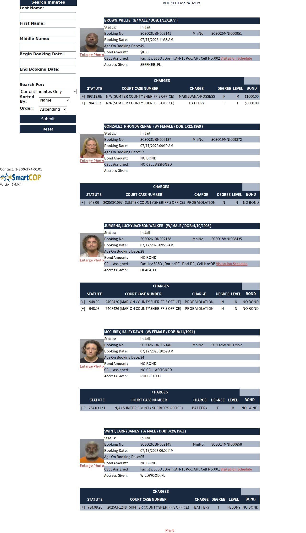 Sumter County arrest history SmartWeb jail search