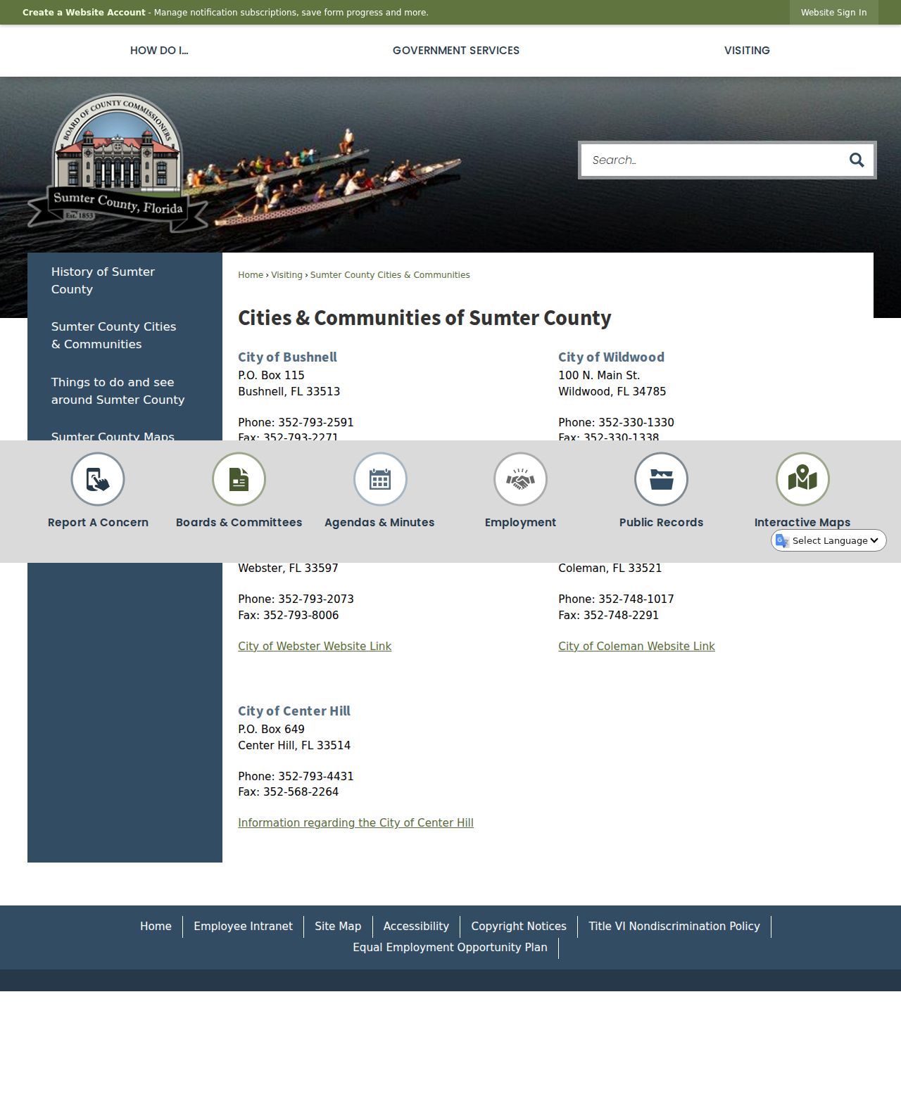 Sumter County cities and communities contact information including Center Hill