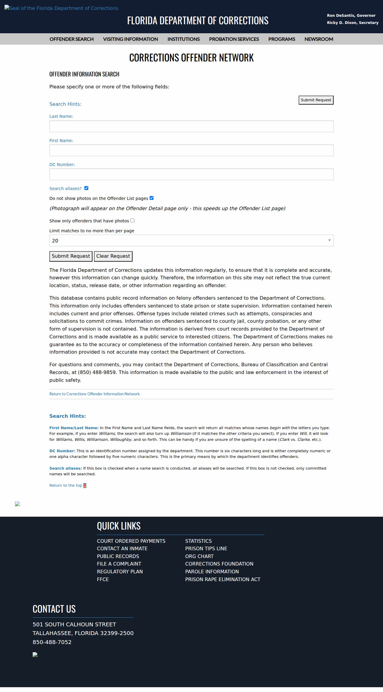 Florida Department of Corrections Offender Search options