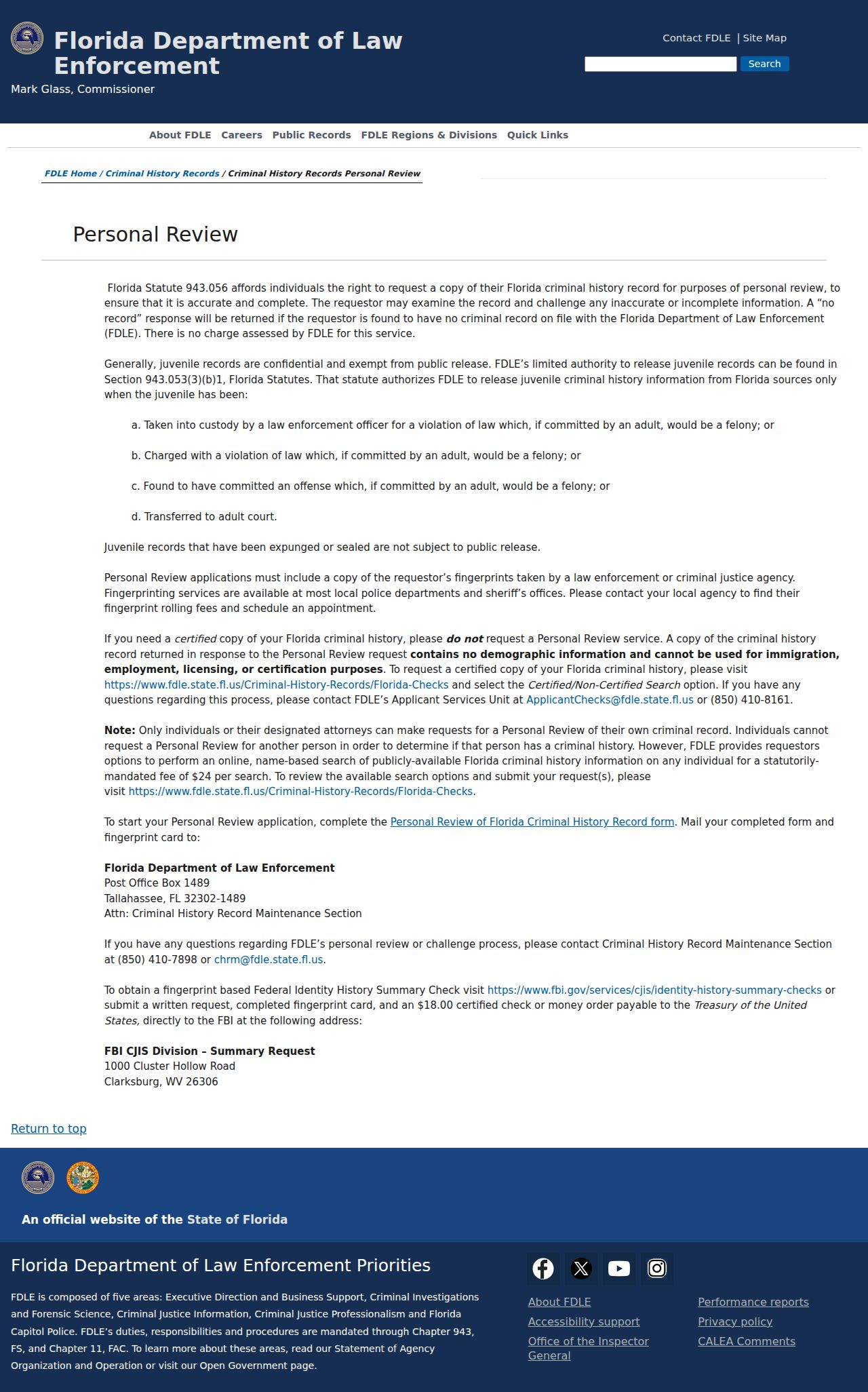 FDLE Personal Review instructions for checking and challenging your own record