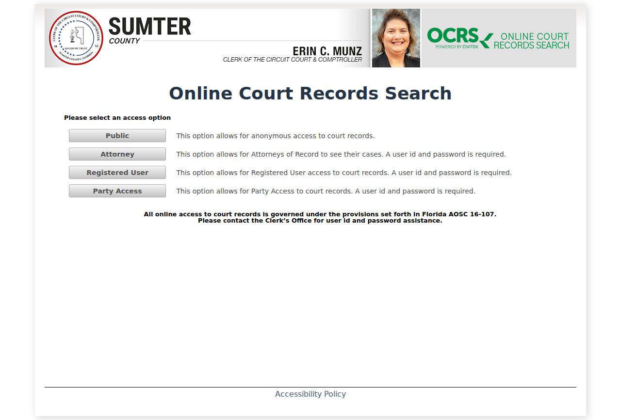 Sumter County CiviTek public court records search landing page
